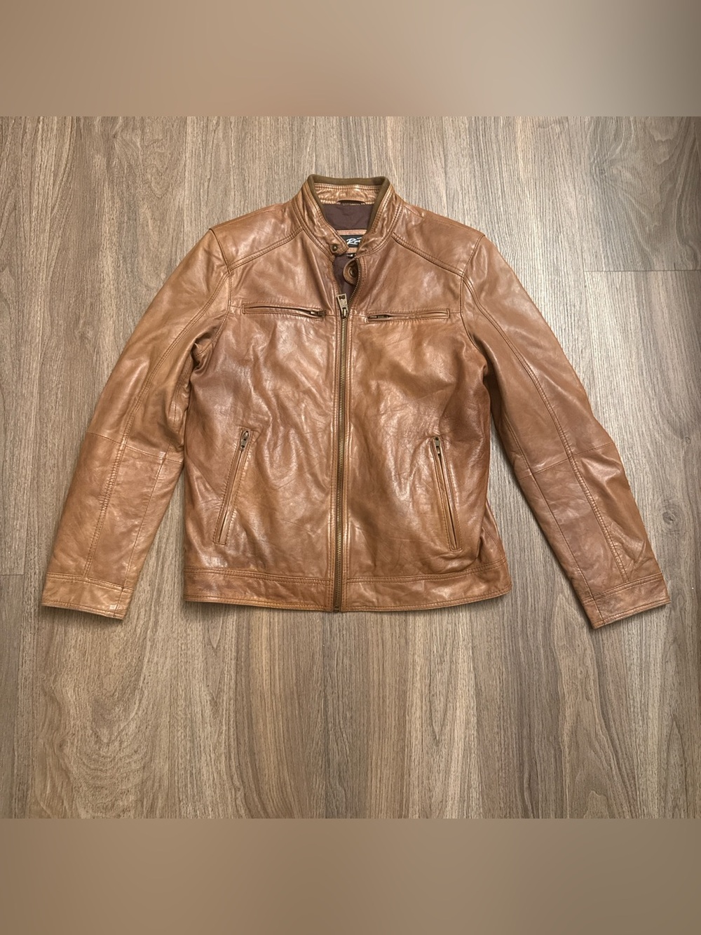 Black Rivet: Cognac Cafe Racer-Style Leather Jacket medium